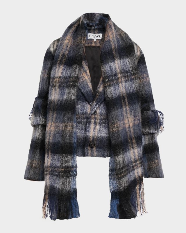 Check Alpaca Fringe Scarf Jacket